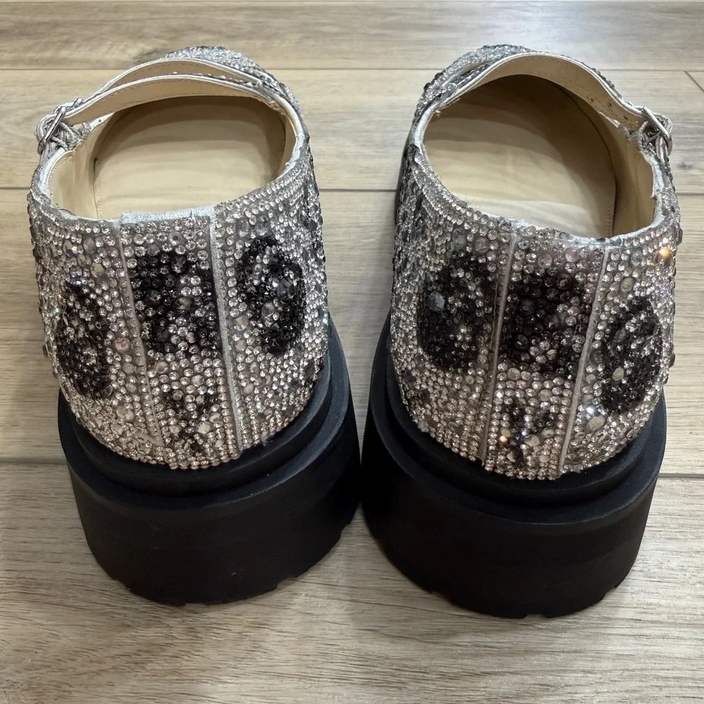 Betsey Johnson Rico Skull Rhinestone Platform Mary Jane Shoes Silver Goth Bling